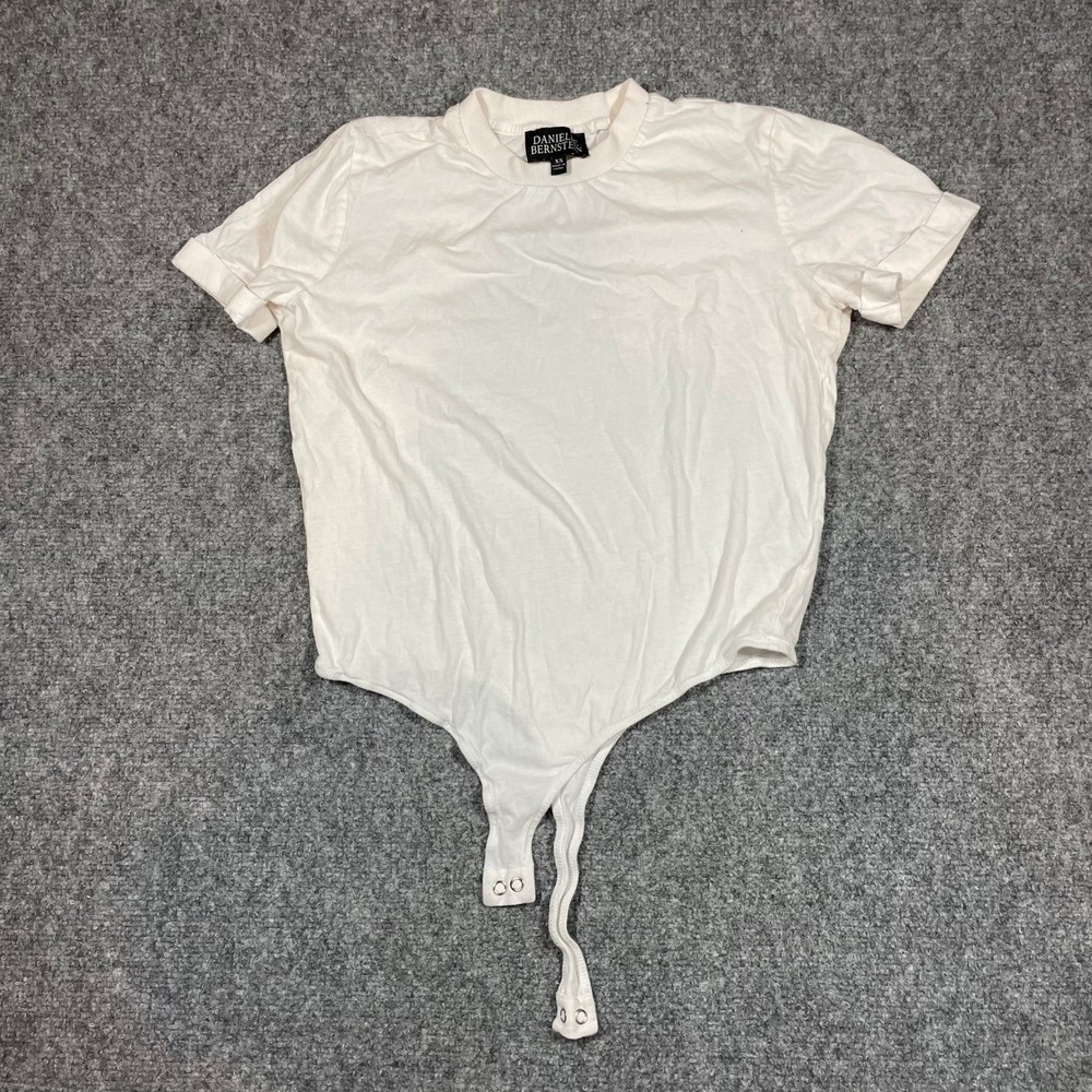 Danielle Bernstein Bodysuit Womens XS White Cuffed Sleeve Crew Neck Cotton